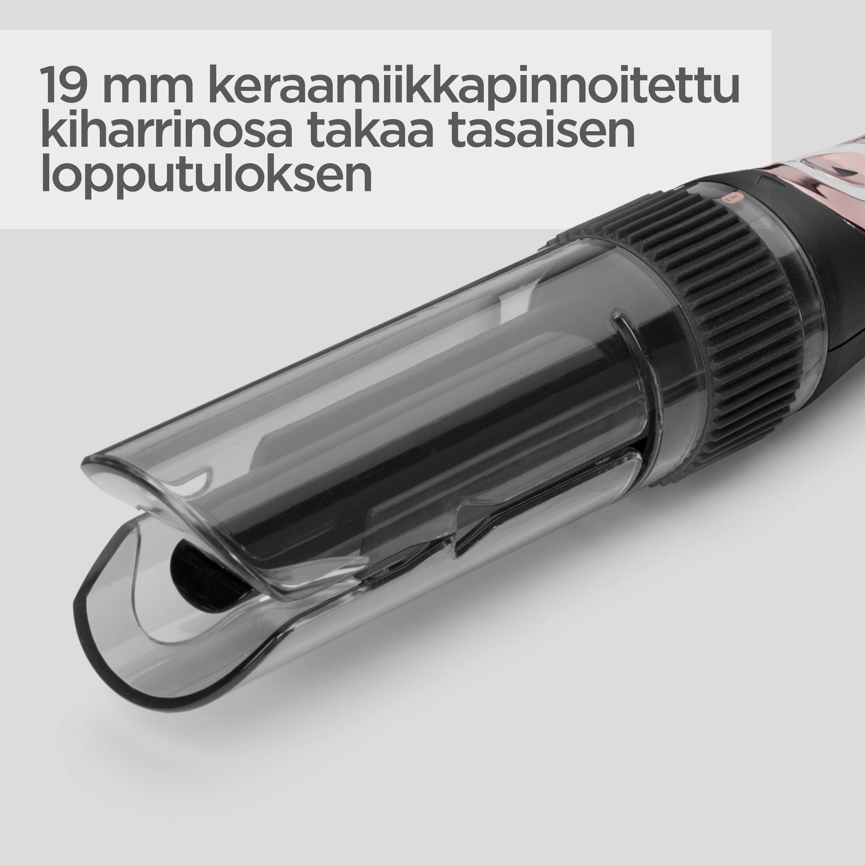 19&nbsp;mm:n keraamiikkapinnoitettu kiharrinosa takaa tasaisen lopputuloksen. 